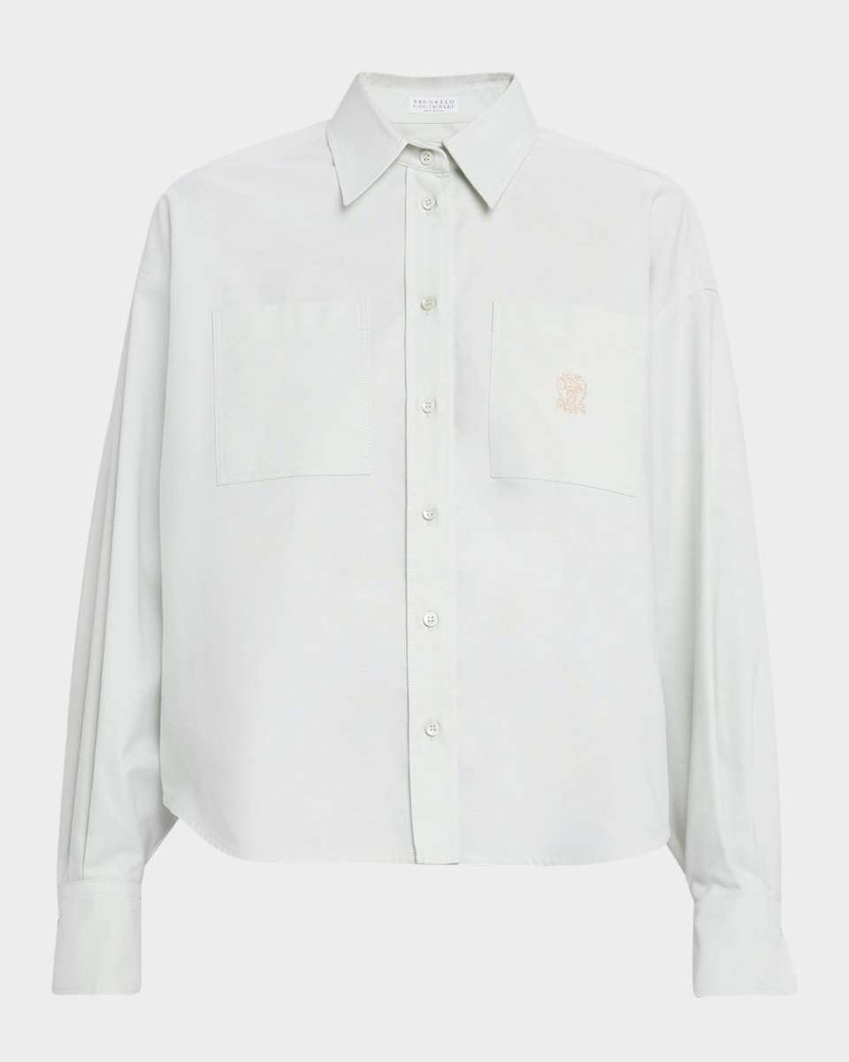 Crest Embroidered Patch-Pockets Short Button-Down Shirt